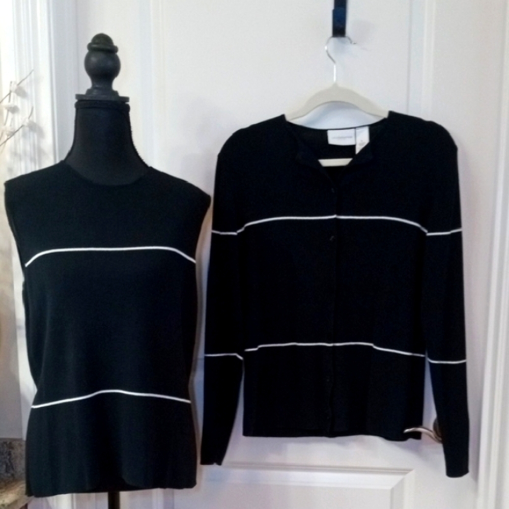 Liz Claiborne Jet Black & White Cardigan Top 2-Piece Set Size M